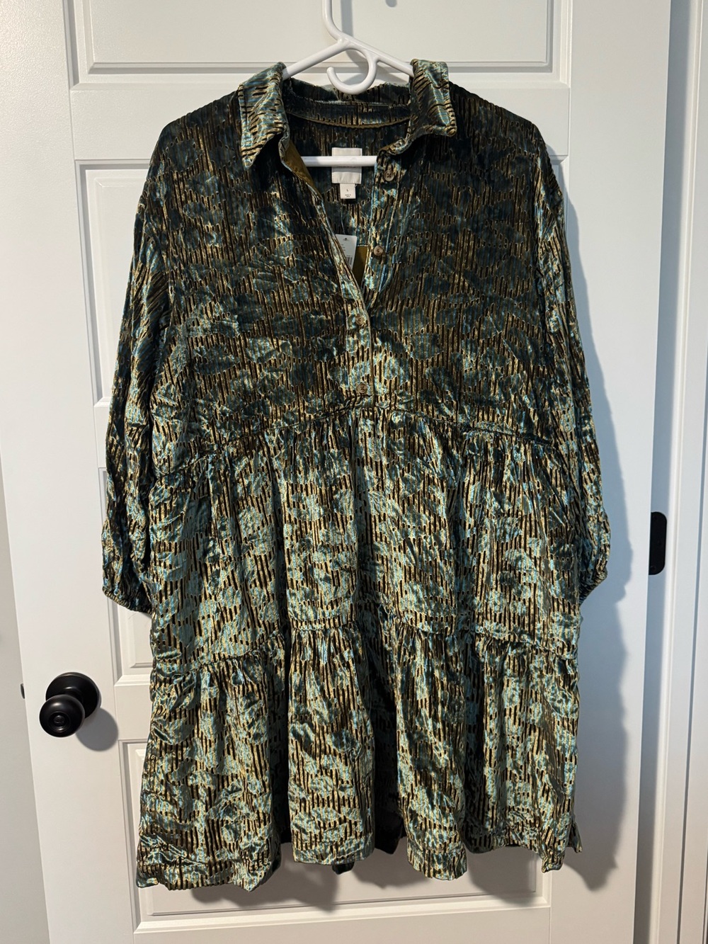 NWT Maeve Anthropologie Velvet Long-Sleeve Dress, Green/Blue Multi, Size Large